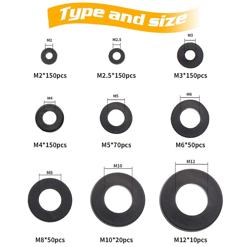 URLWALL 800Pcs Nylon Flat Washer Assortment Set, Washers Metric Sealing Spacer Gasket Ring Washers Set, 9 Sizes - M2, M2.5, M3, M4, M5, M6, M8, M10, M12(Black) - Image 3